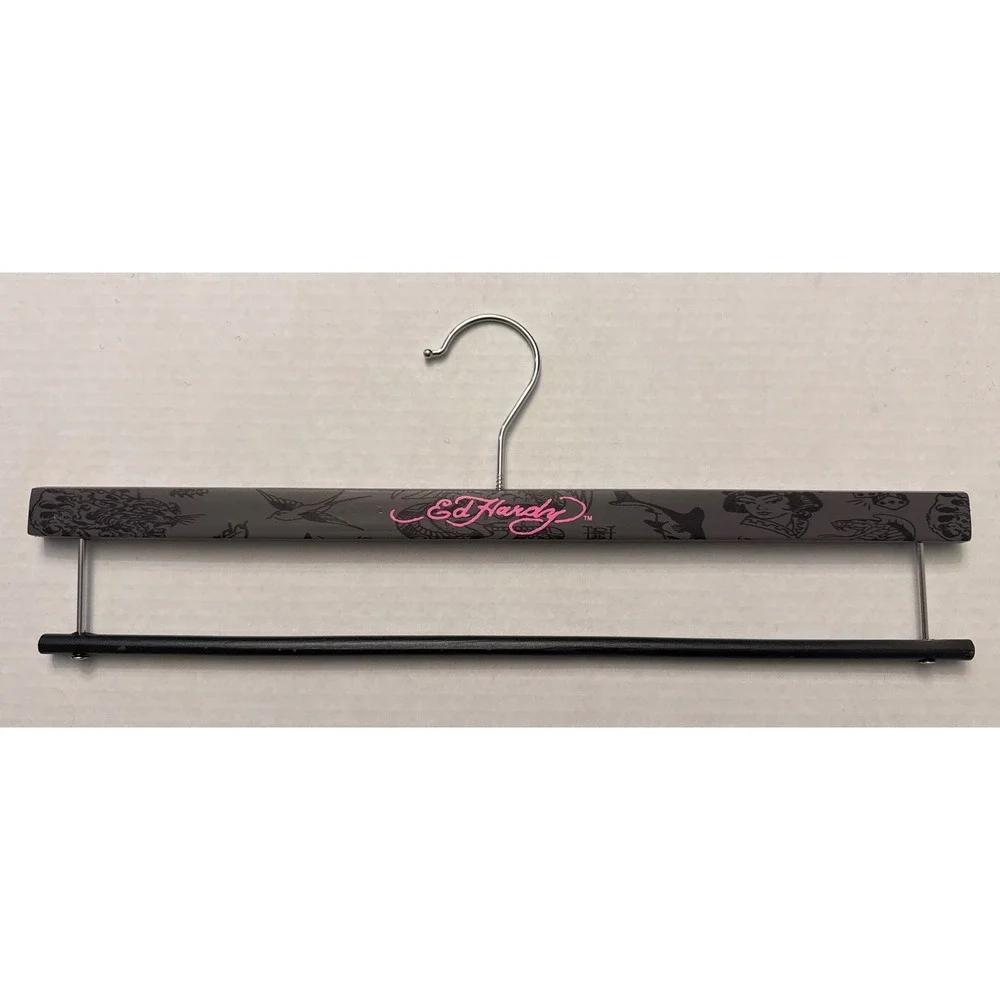 Ed Hardy Pant Hanger‎ Gray Black Tattoo Print Pink Logo Wood Clamp Style